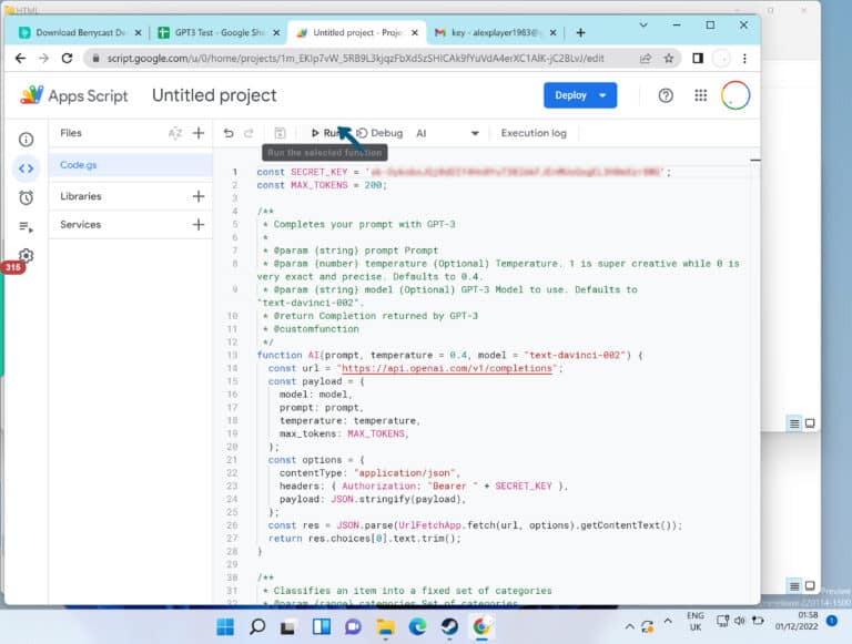 A web browser displaying a code editor with OPEN AI Script integrated into Google Sheets.