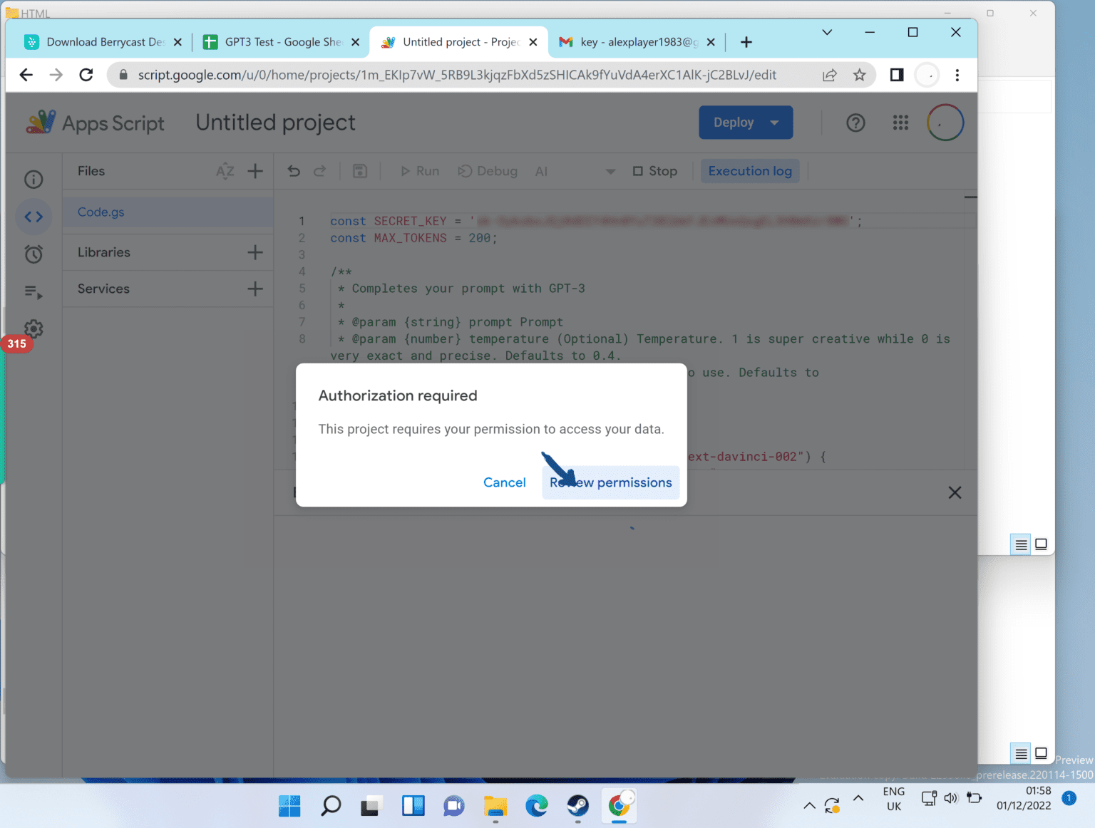 Adding open ai script to google sheets prompt muse