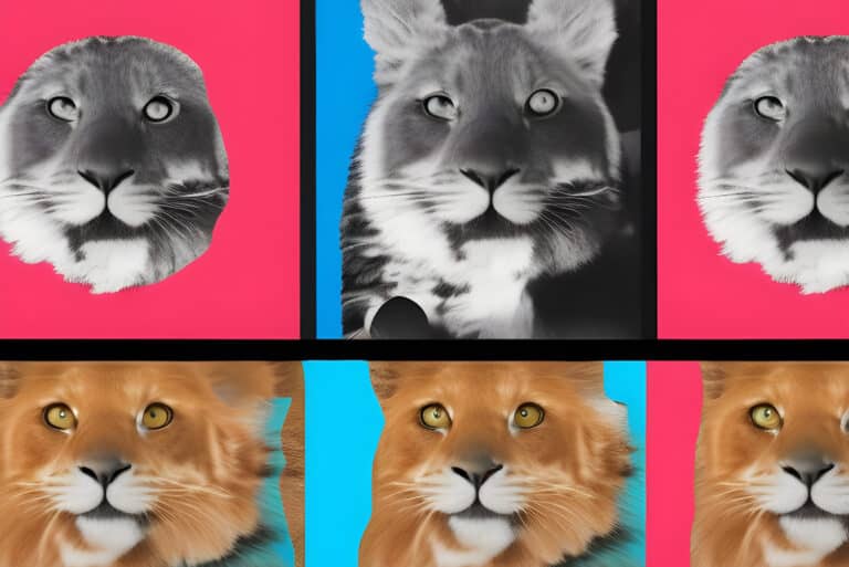 A series of photos featuring a color-segmented lion.