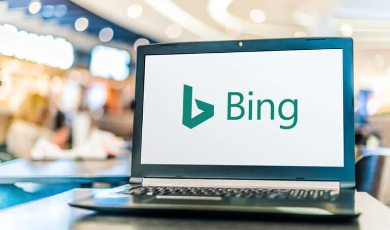 A laptop with the Bing logo on it integrates GPT-4 to boost search results.