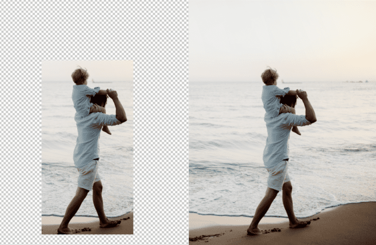 Two photos of a man and a child walking on the beach, showcasing outpainting techniques.