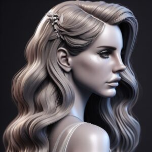 A DALL·E 3.0 generated 3d model of a woman with long wavy hair.