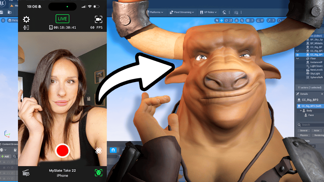 A woman on a video call gestures to a large cartoon minotaur on a blue studio interface. An arrow points from her to the minotaur, indicating a Mocap transformation or connection with Custom Characters.