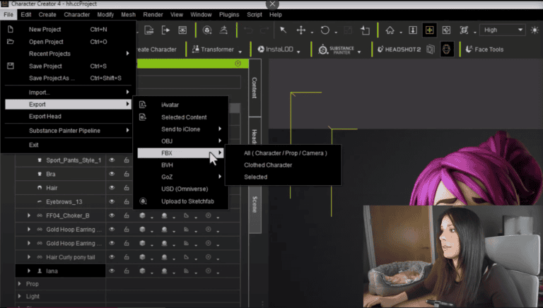 Screenshot of exporting a character from Character Creator to create a control rig in Unreal Engine