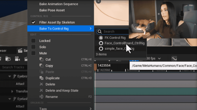 Screenshot of baking animation keys in Unreal Engine for a Metahuman character.