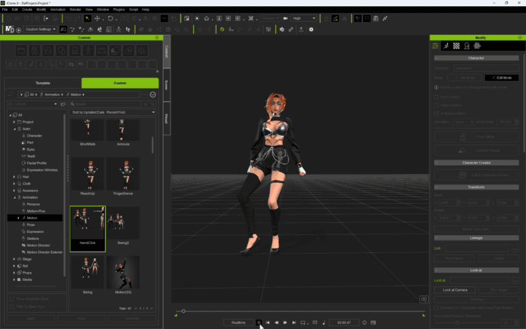 A 3D modeling software interface displaying a female character model in a dance pose reminiscent of a K-Pop singer. The left panel lists animation options, while the right panel shows character settings and modifications, seamlessly integrating phone mocap for capturing the full process.