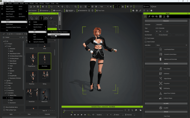 A computer screen displaying character modeling software with a 3D character model of a K-Pop singer in the center and various customization options on the side panels.