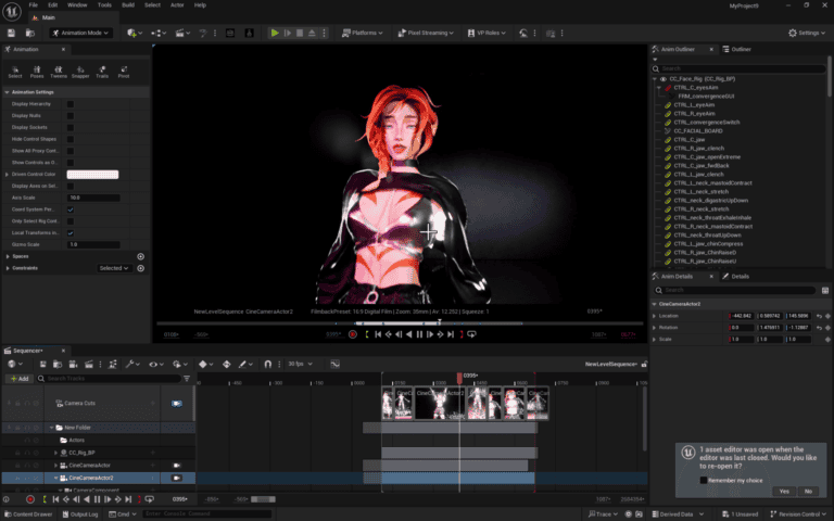 A computer screen displays video editing software with an animated K-Pop singer in the center. The character, with red hair and a colorful outfit, is being edited using phone mocap technology. The editing timeline and tools are visible at the bottom, showcasing the full process of animation.