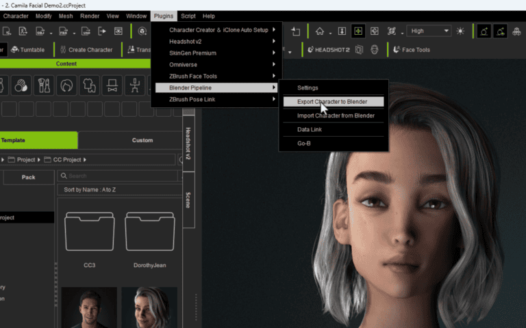 Screenshot of the iClone 7 software interface with a character model displayed on the right side. A dropdown menu under "ZBrush Pipeline" shows options including "Export Character to Blender." The interface supports phone mocap and even features a preset for creating a K-Pop Singer.