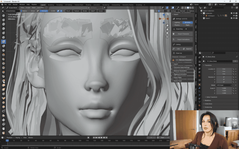 A 3D model of a face is displayed on a computer screen with Blender software. In the bottom right corner, a person, possibly a K-Pop singer, is visible, perhaps demonstrating or explaining the full process.