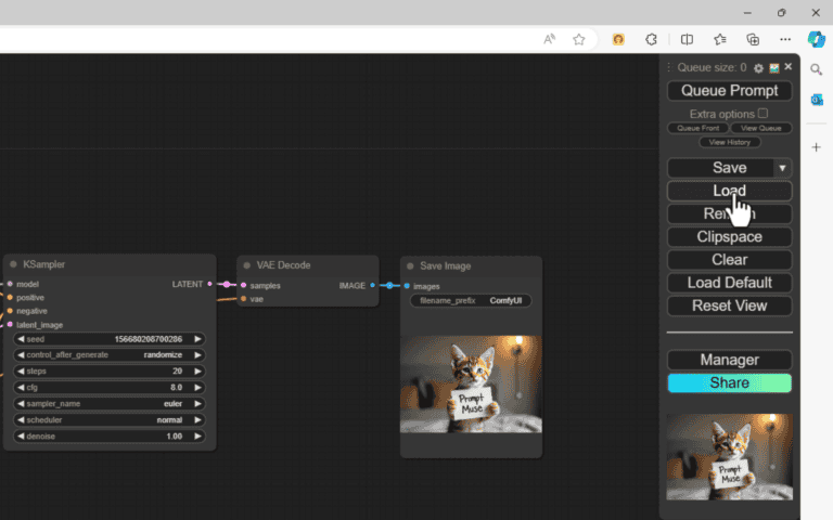 A screenshot of an image modification software interface, ComfyUI, shows nodes connected to the “Save Image” module with a cat photo at the bottom. A mouse cursor points to the "Load" button.