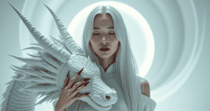 A woman with long white hair and red nails stands with her eyes closed, holding the head of a white dragon with intricate scales and horns, as if captured straight from an animation. They are set against a circular light backdrop that pulses like AI-borne magic.